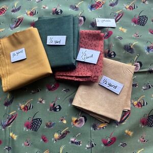 Fly Fishing Lure Quilting Fabric Bundle Sage Green Red Gold 4 Yards Total